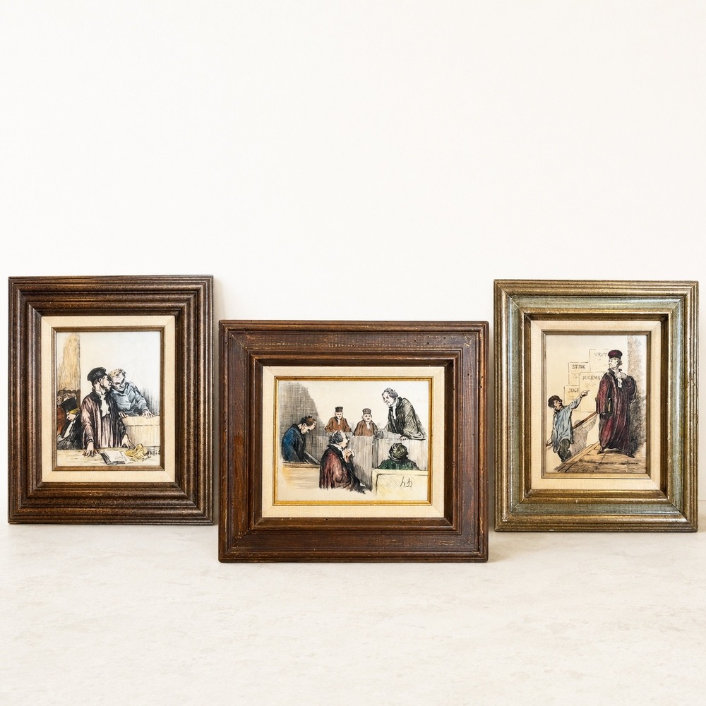 Vintage Set of 3 Honoré Daumier Style Courtroom Etchings Framed Legal Art